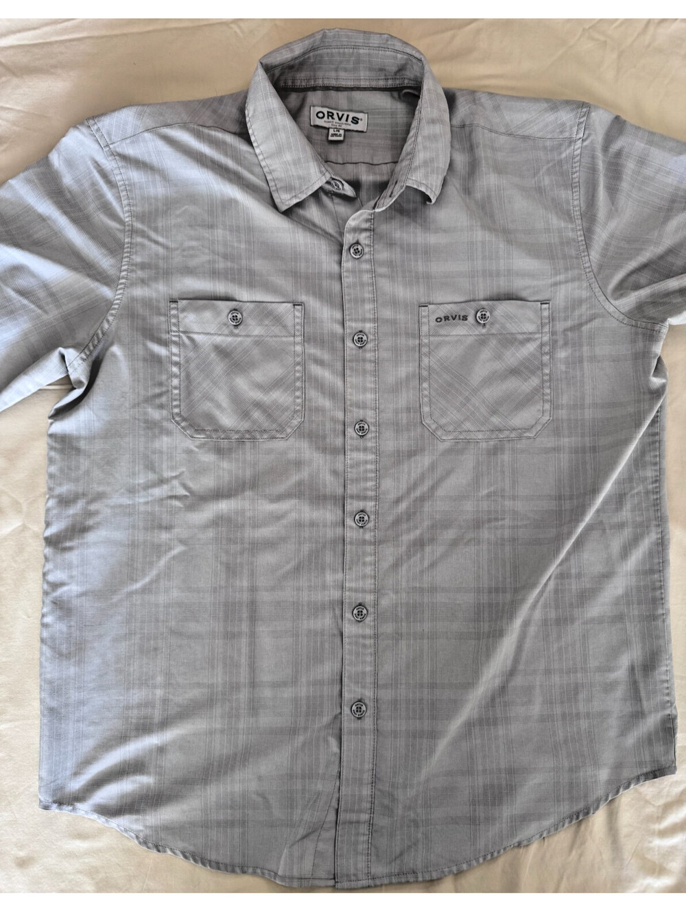 Orvis Men's Short Sleeve Shirt Large Light Gray Plaid Classic Collection